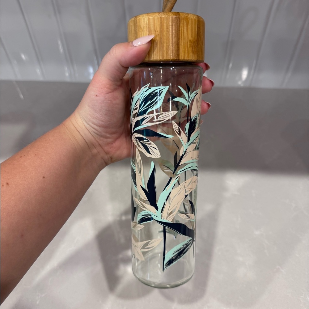 Leaf Print Glass Water Bottle with Bamboo Lid